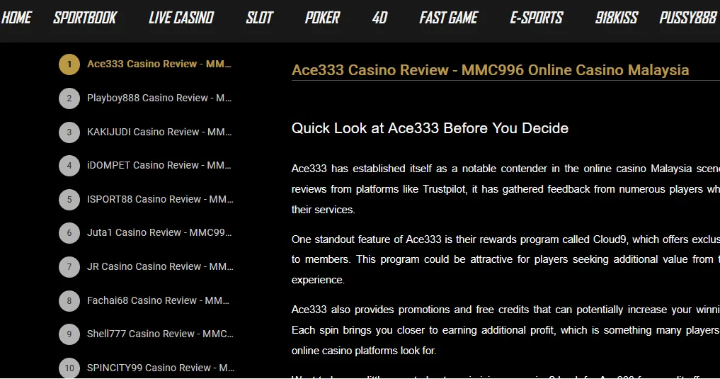 Example casino review website listing Malaysian online casino brands